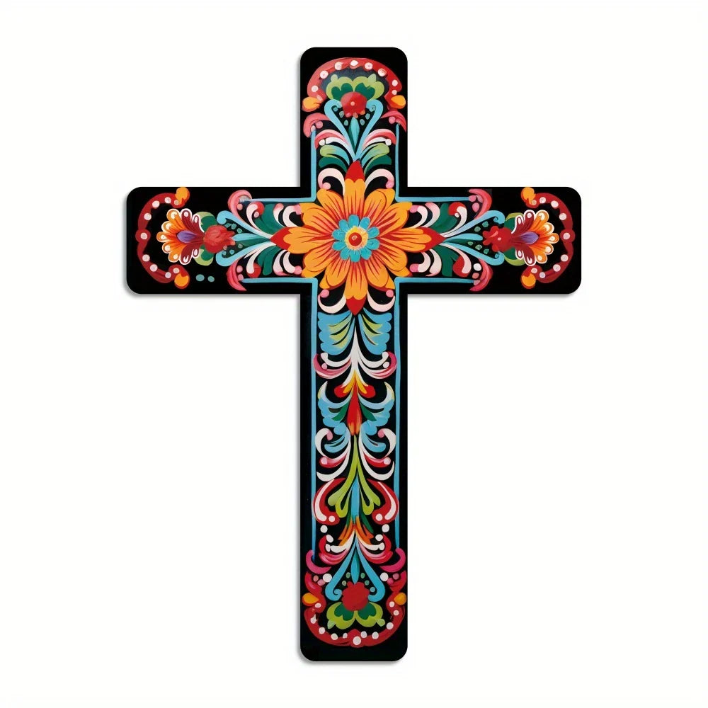 16" Colorful Floral Mexican Cross -- Wooden Wall Art