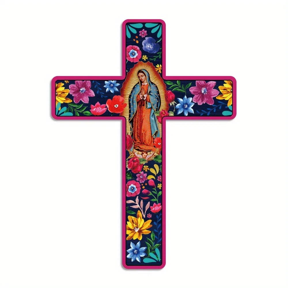 16" Colorful Floral Mexican Cross -- Wooden Wall Art