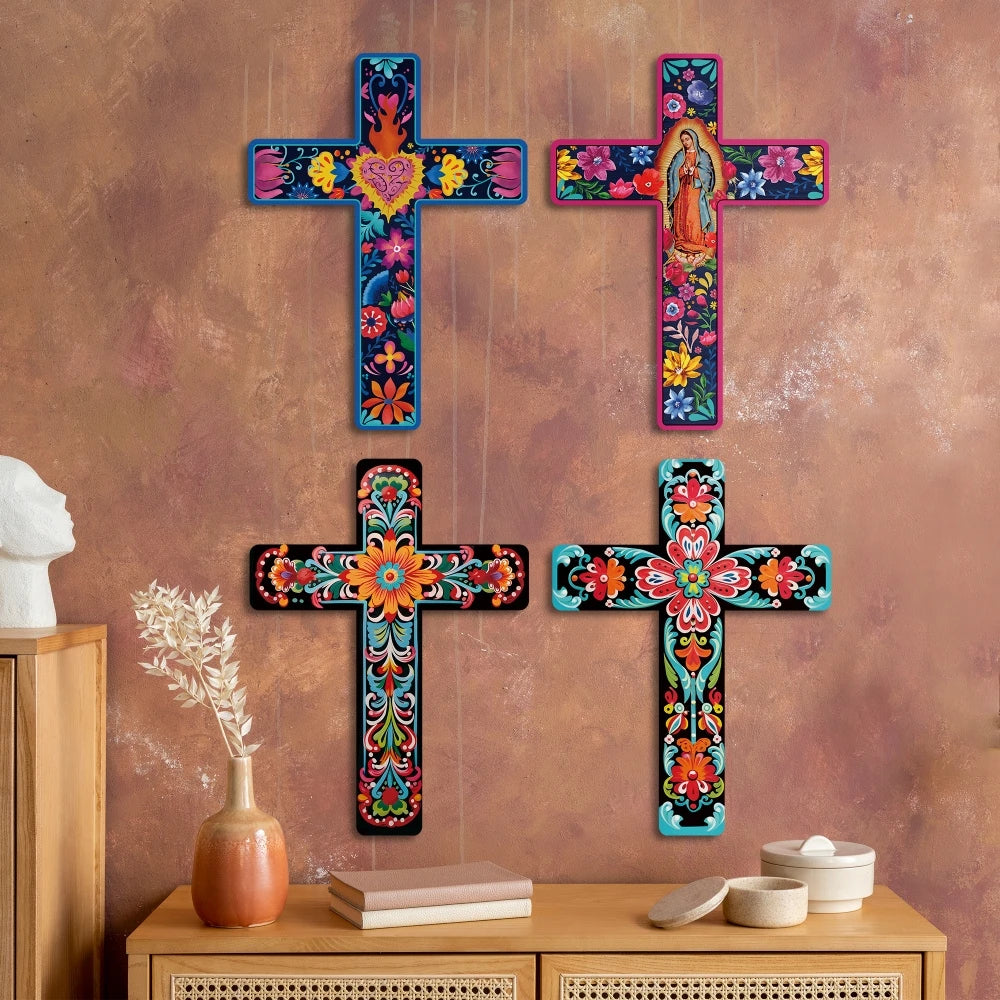 16" Colorful Floral Mexican Cross -- Wooden Wall Art