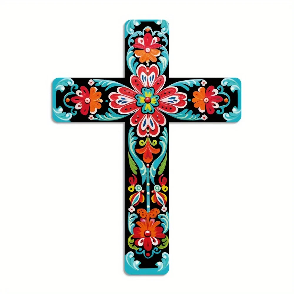 16" Colorful Floral Mexican Cross -- Wooden Wall Art