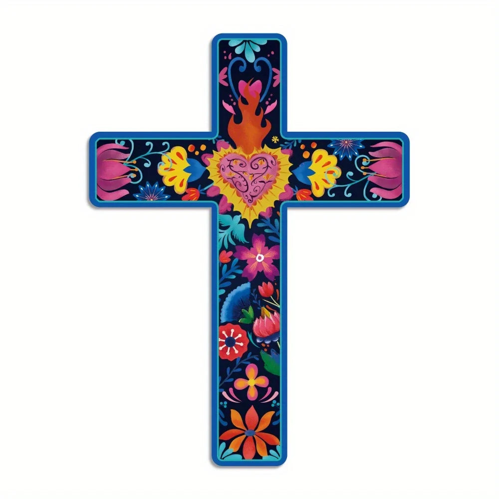 16" Colorful Floral Mexican Cross -- Wooden Wall Art